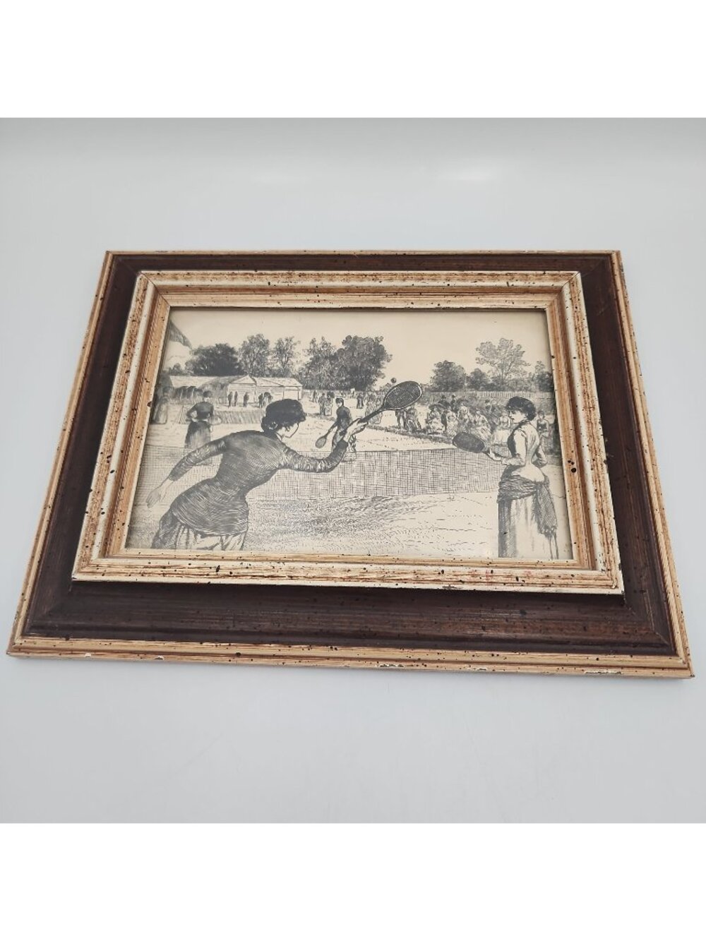 Vintage Frame Art Tennis Drawing White & Black 8.5x7"